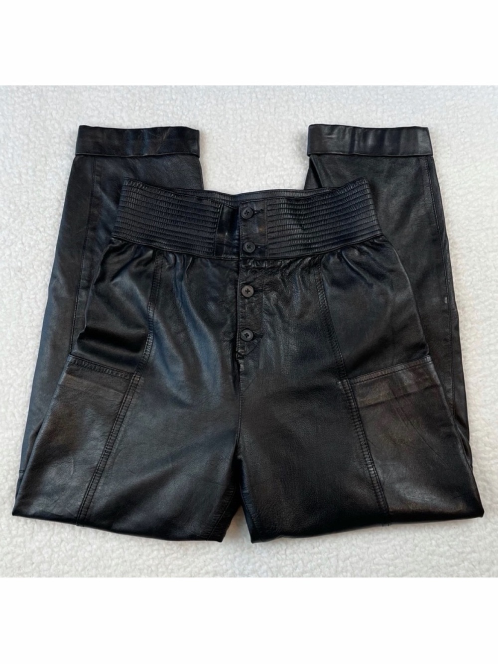 (VTG) Black Genuine Leather High-Waisted Pants, S